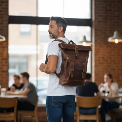 Mochila Roll Top de Cuero Café